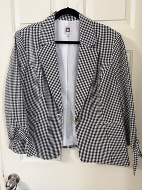 NWOT Anne Klein Black & White Gingham Single Button Blazer w/ Tie Detail Cuffs